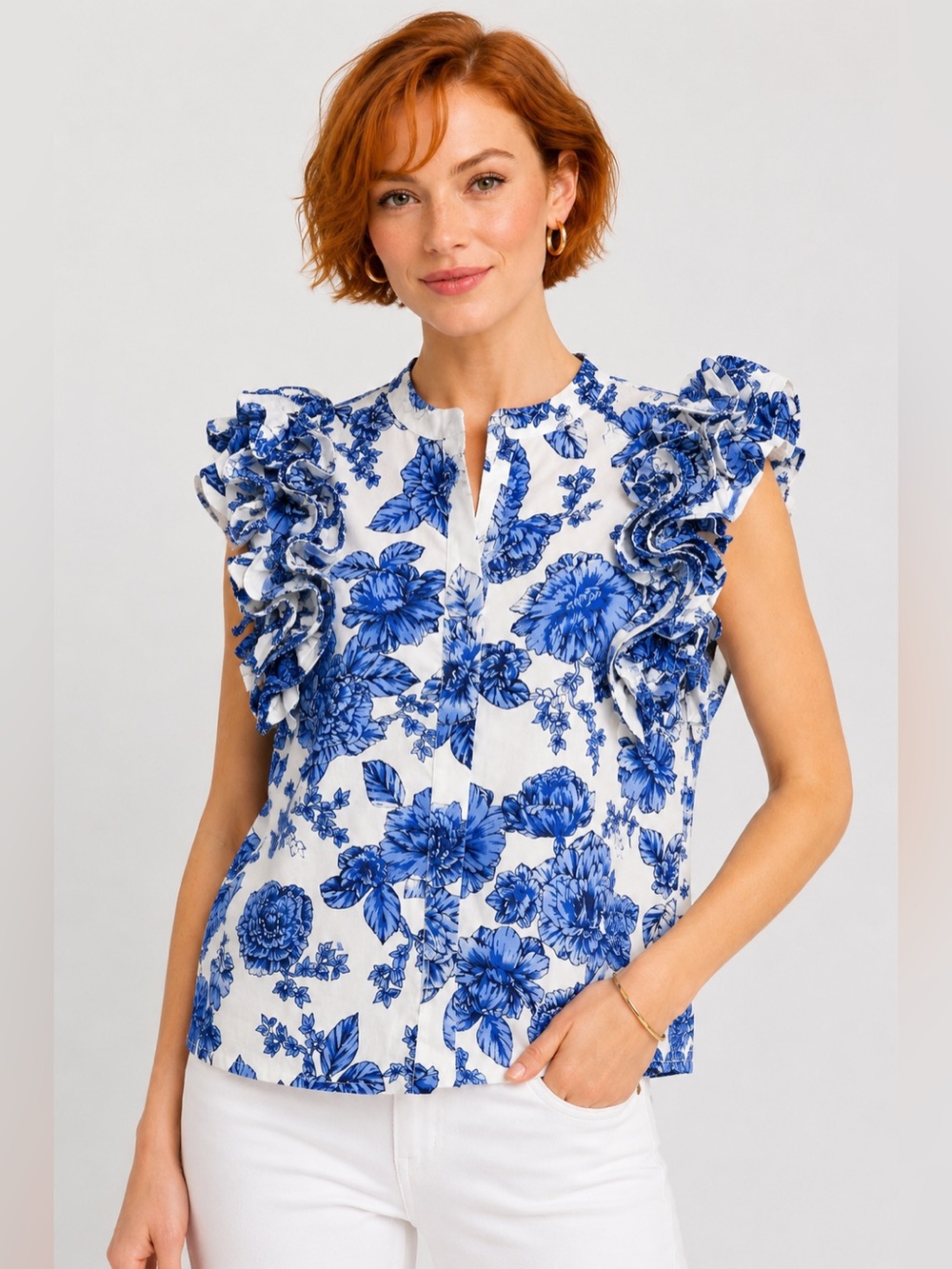 CeCe Blue Floral Ruffle Sleeve Blouse Toile Print Cotton Cottagecore Size Small